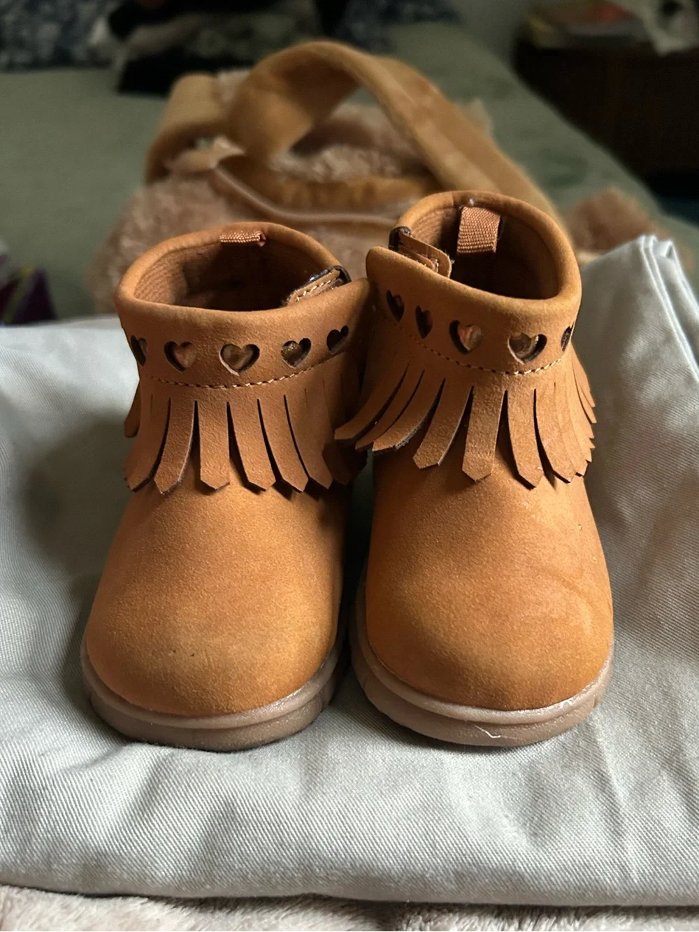 Toddler Fringe Ankle Boots in Tan with Heart Cutouts